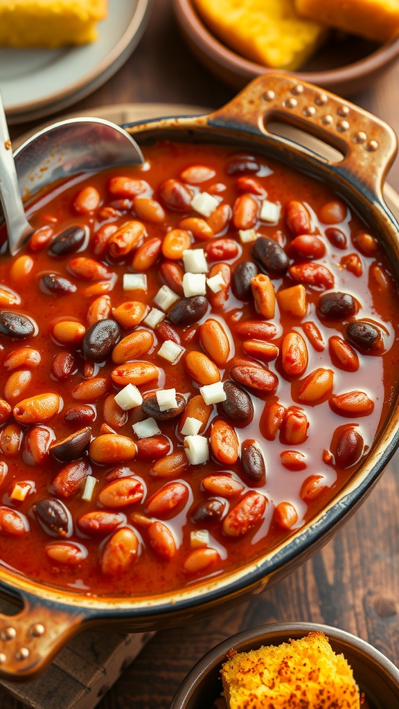 A hearty serving of four bean baked beans in a casserole dish with cornbread on the side.